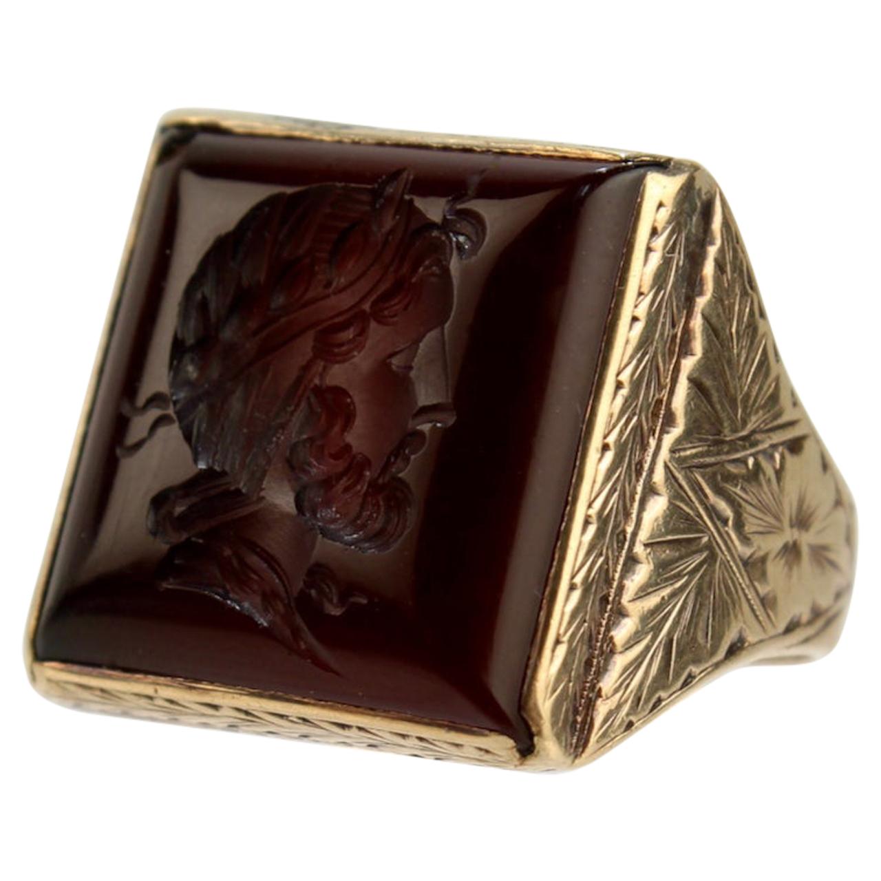 14 Karat Gold Carved Carnelian Intaglio Signet Ring with a Roman Bust