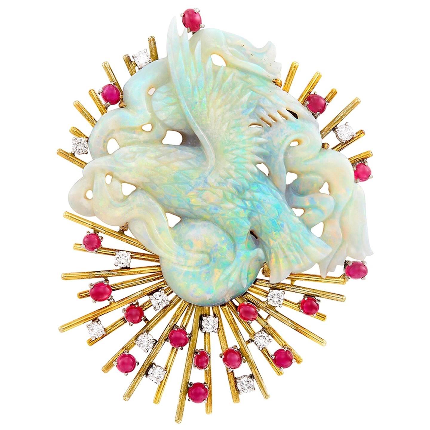 14 Karat Gold, Carved Opal, Cabochon Ruby and 1.20 Carat Diamond Clip-Brooch For Sale