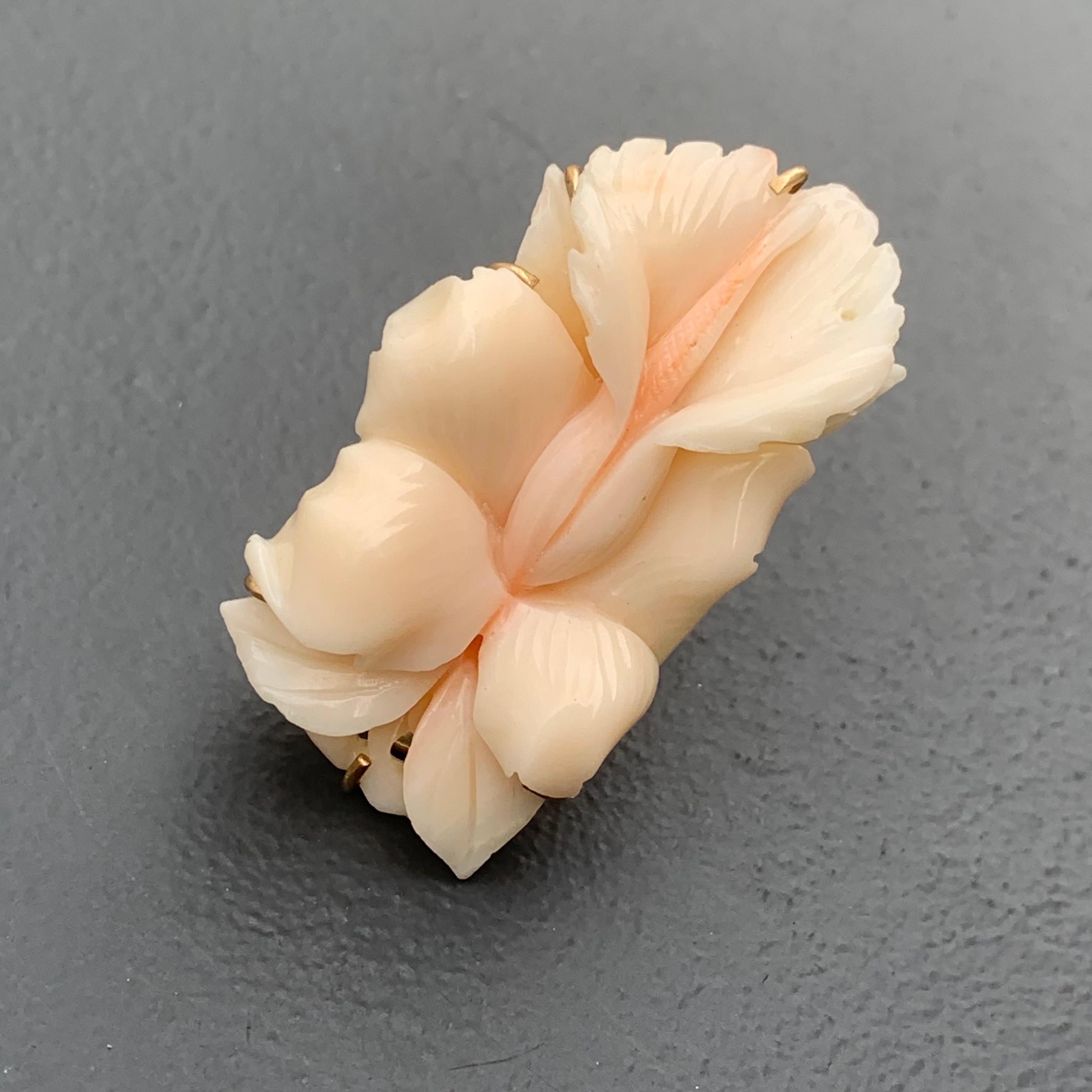 Baguette Cut 14 Karat Gold Carved Orchid Flower Angel Skin Coral Ring For Sale