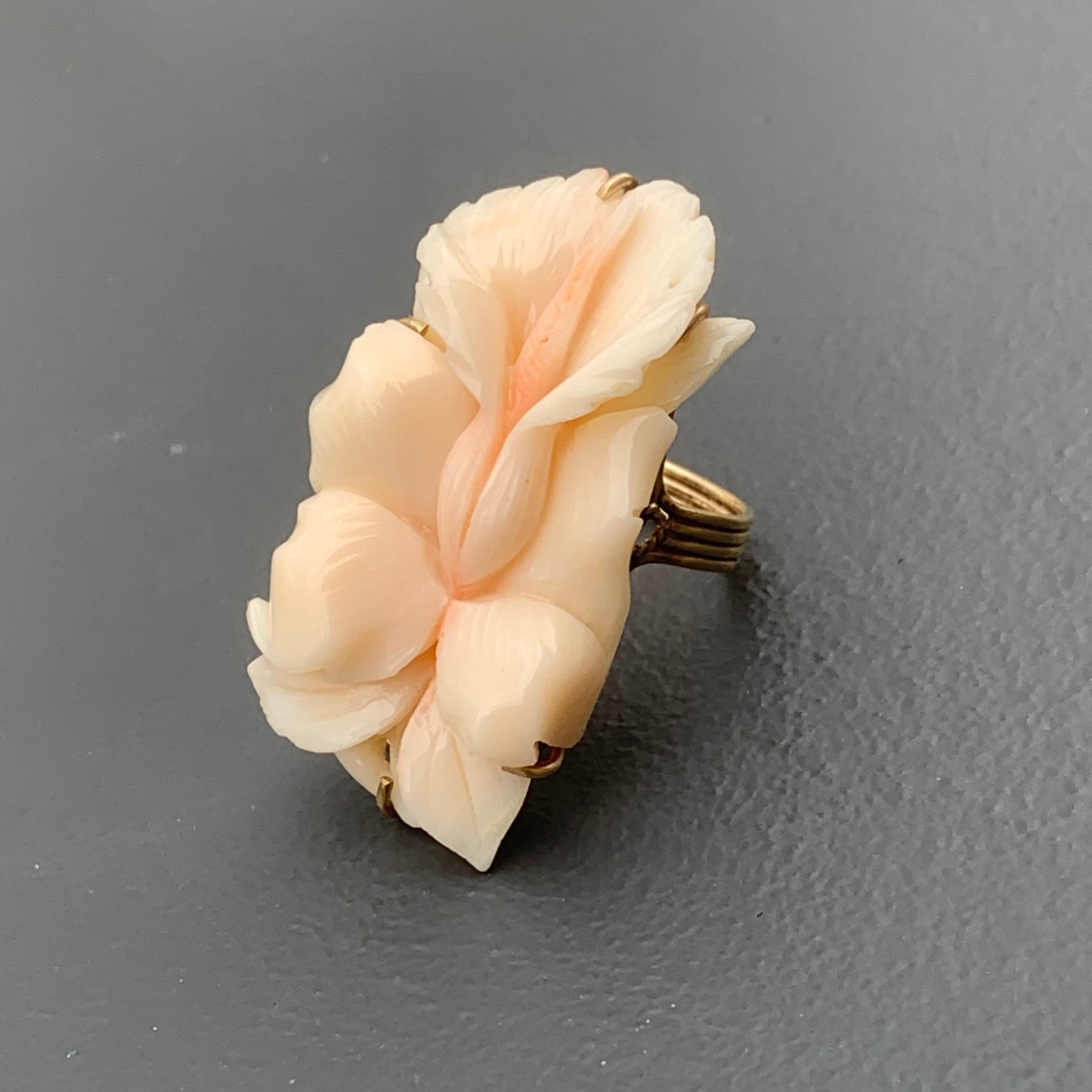 Women's 14 Karat Gold Carved Orchid Flower Angel Skin Coral Ring For Sale