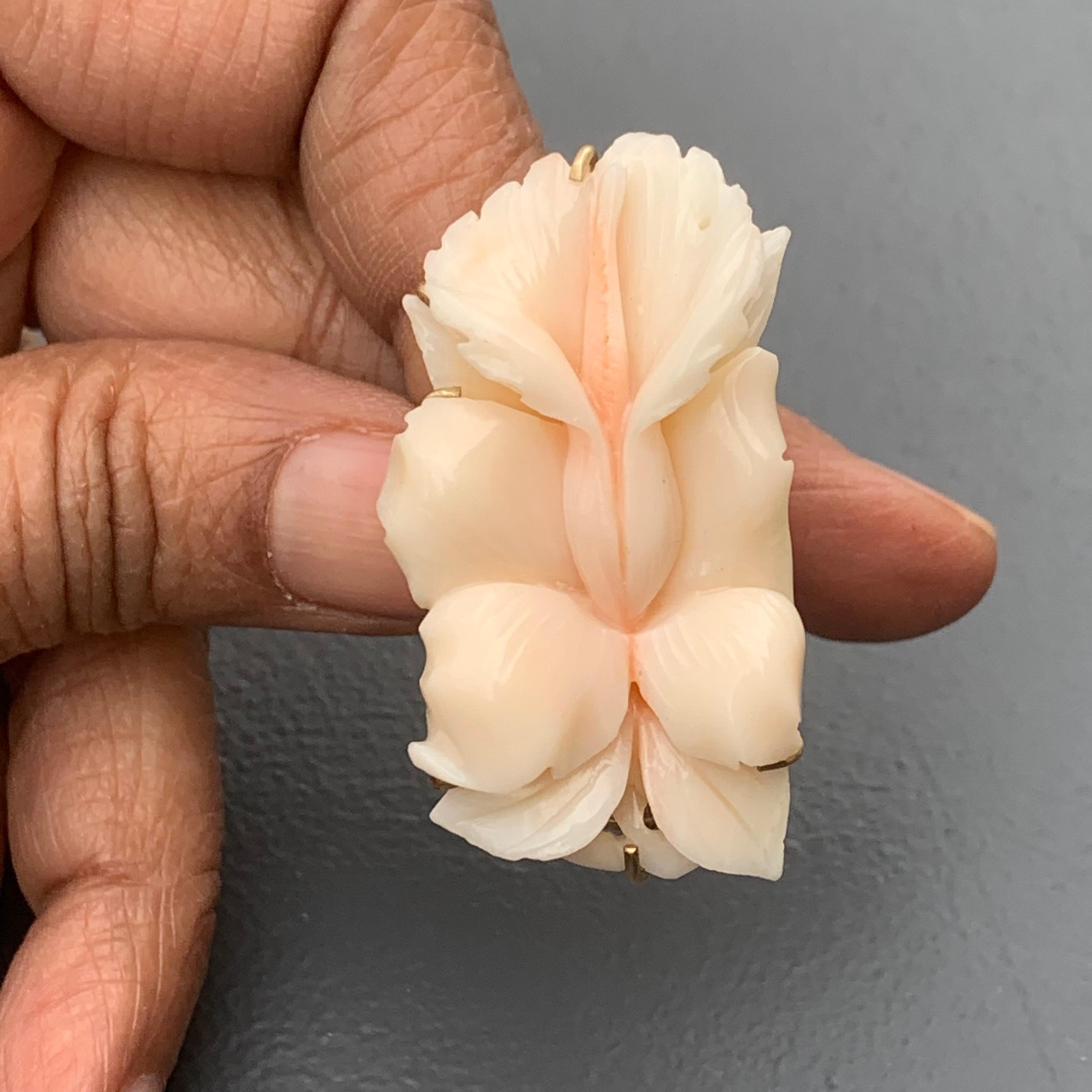 14 Karat Gold Carved Orchid Flower Angel Skin Coral Ring For Sale 3