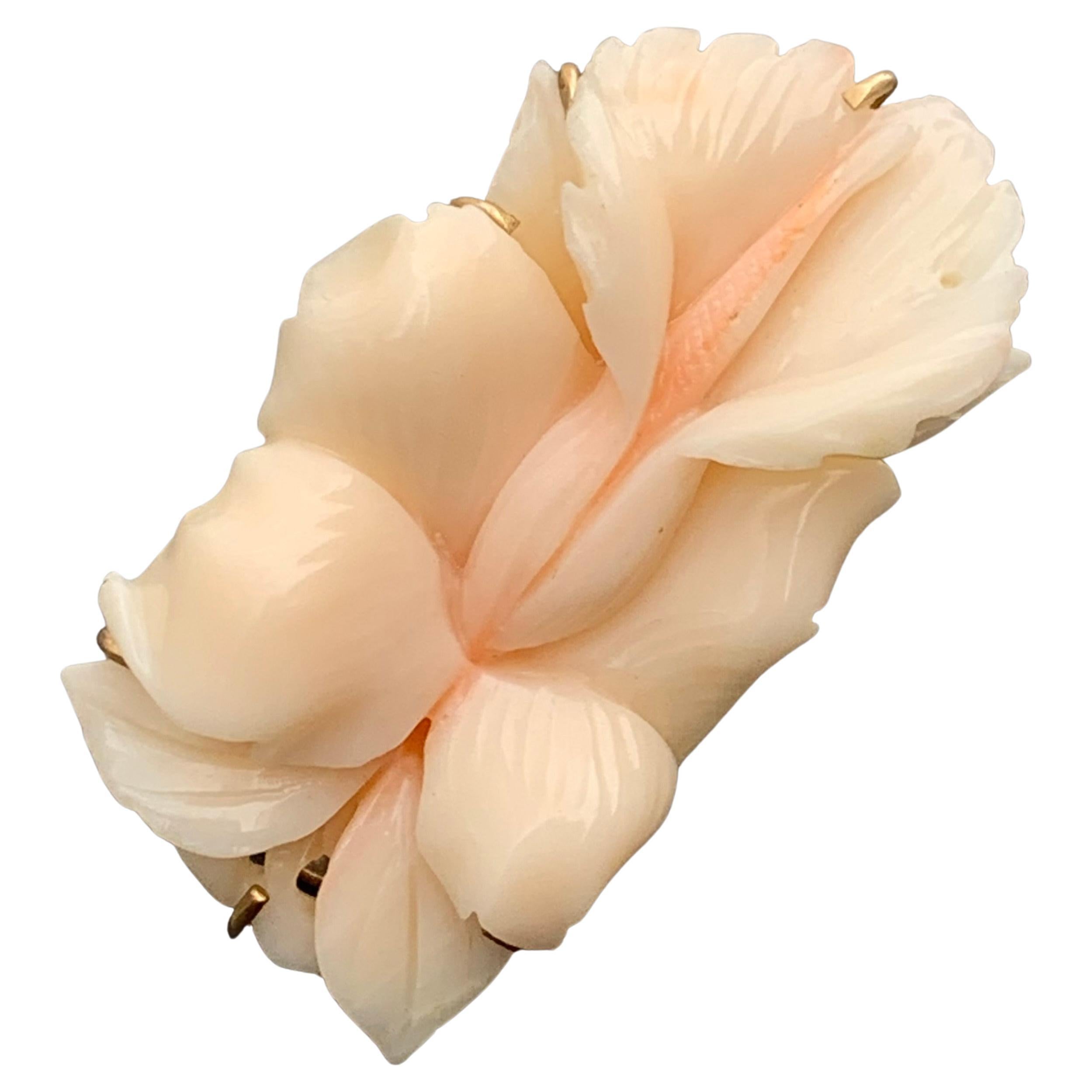 14 Karat Gold Carved Orchid Flower Angel Skin Coral Ring For Sale