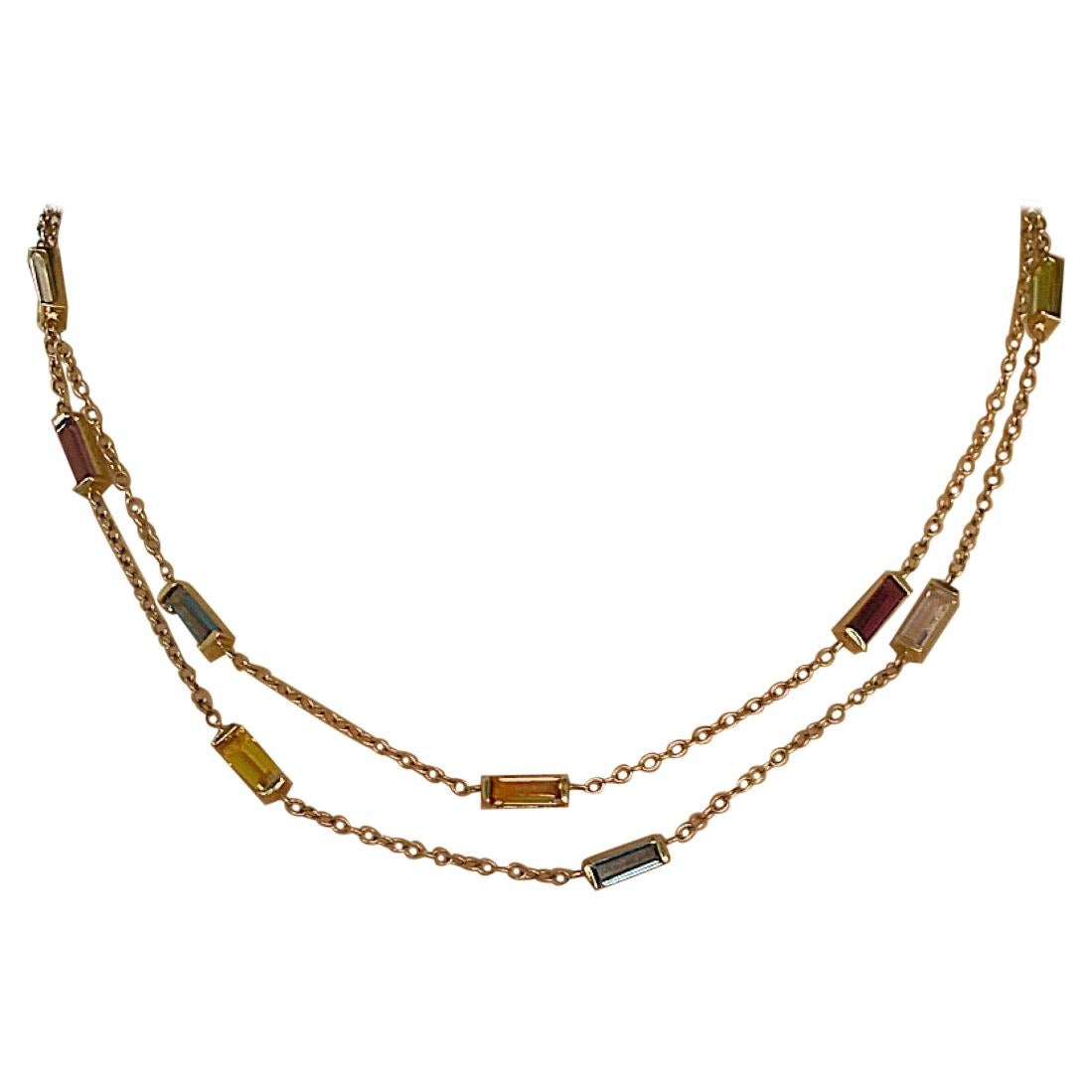 Chaîne collier en or 14 carats avec baguettes de pierres multicolores