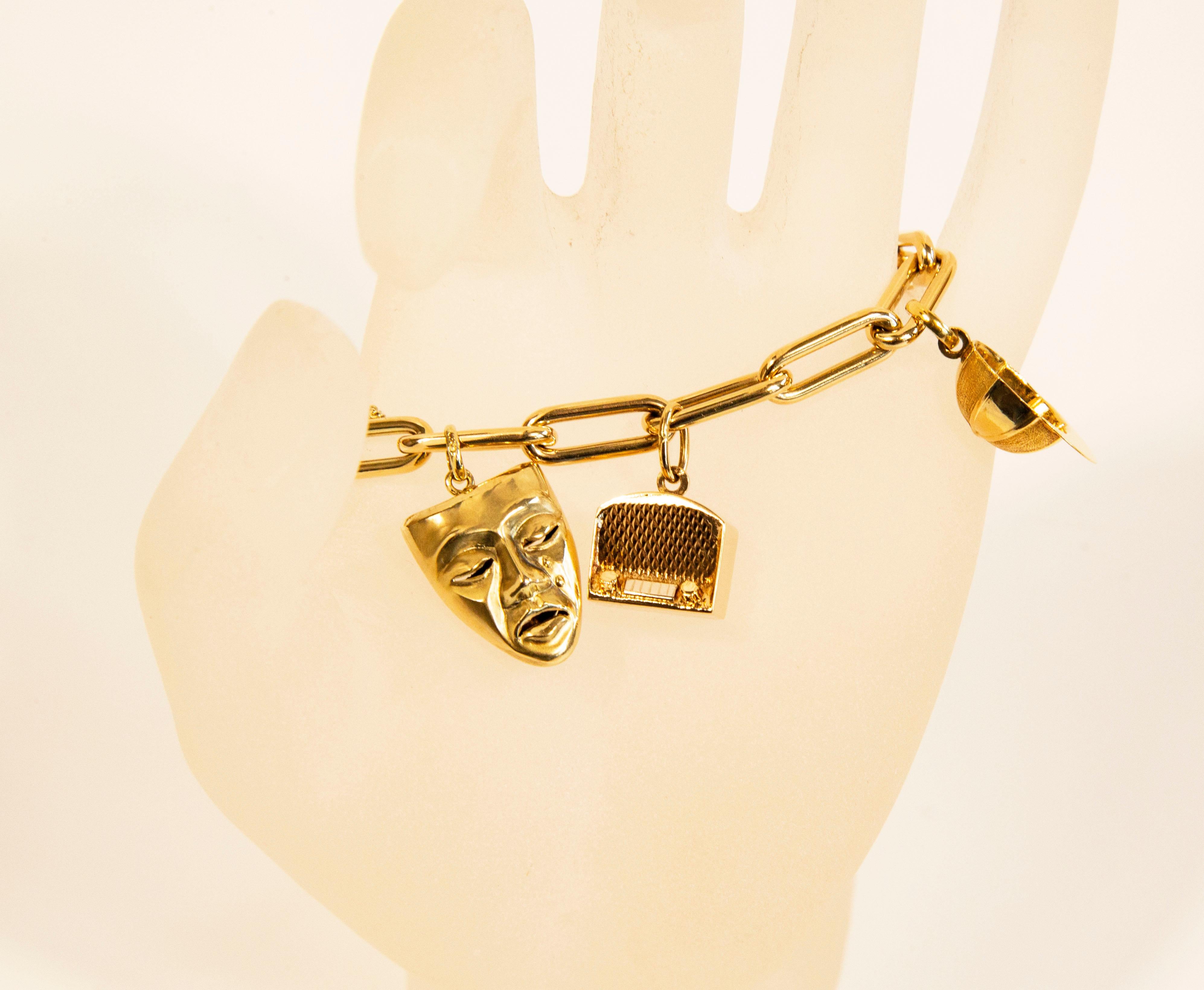 Women's or Men's 14 Karat Gold Charm Bracelet Late 20th Century For Sale