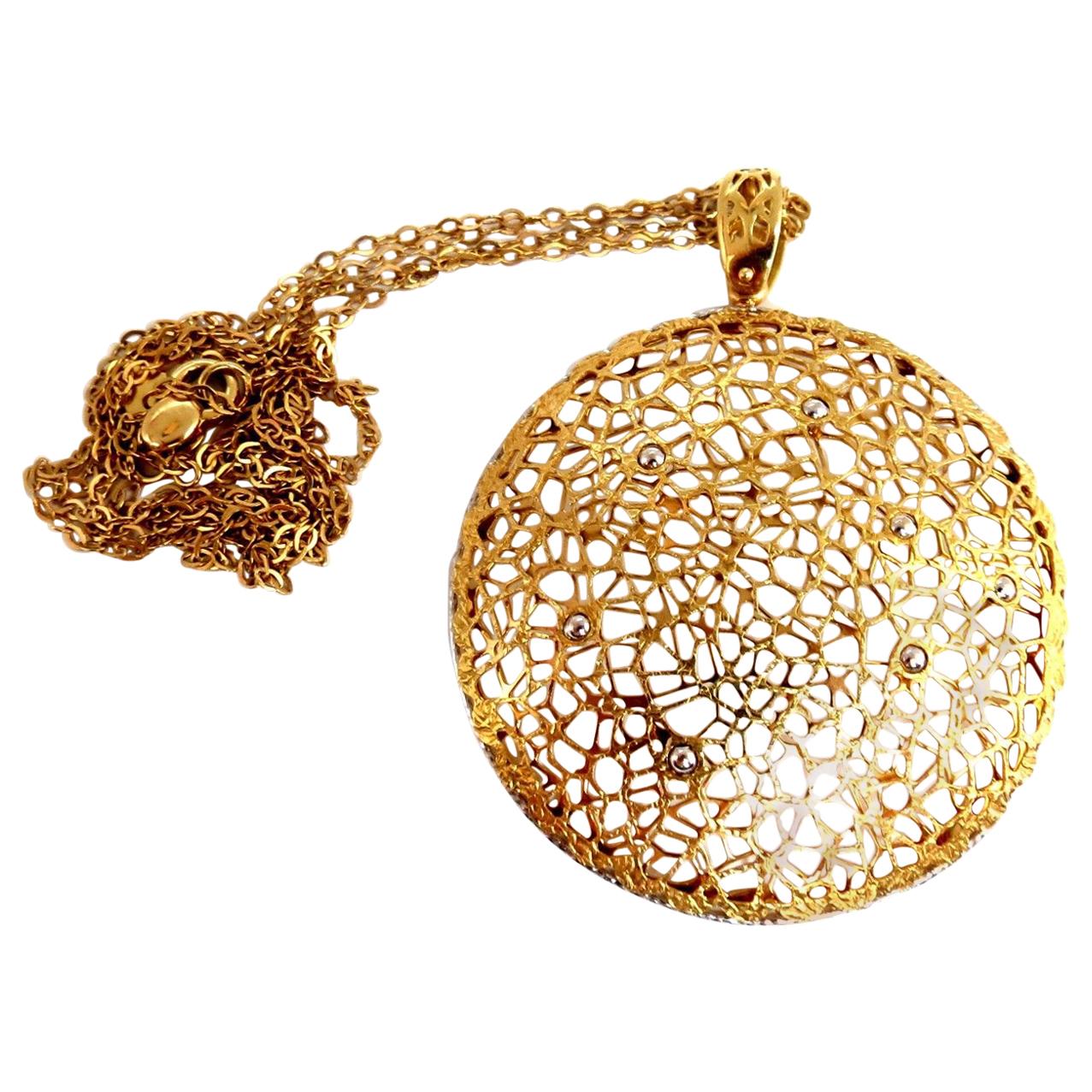 14 Karat Gold Circular Dome Dream Catcher Dome Pendant Necklace