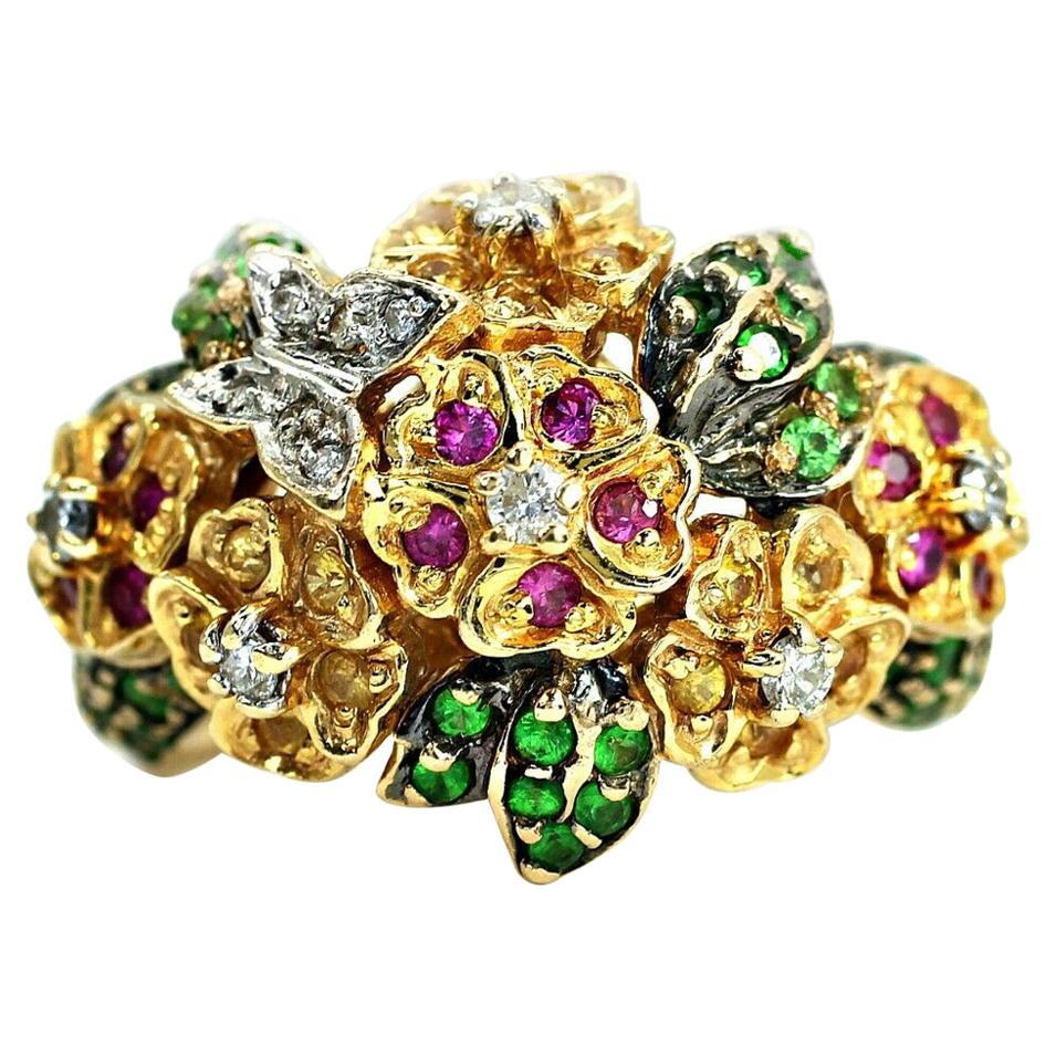 14 Karat Gold Cocktail Ring with Tsavorite, Pink and Yellow Sapphire Gemstones