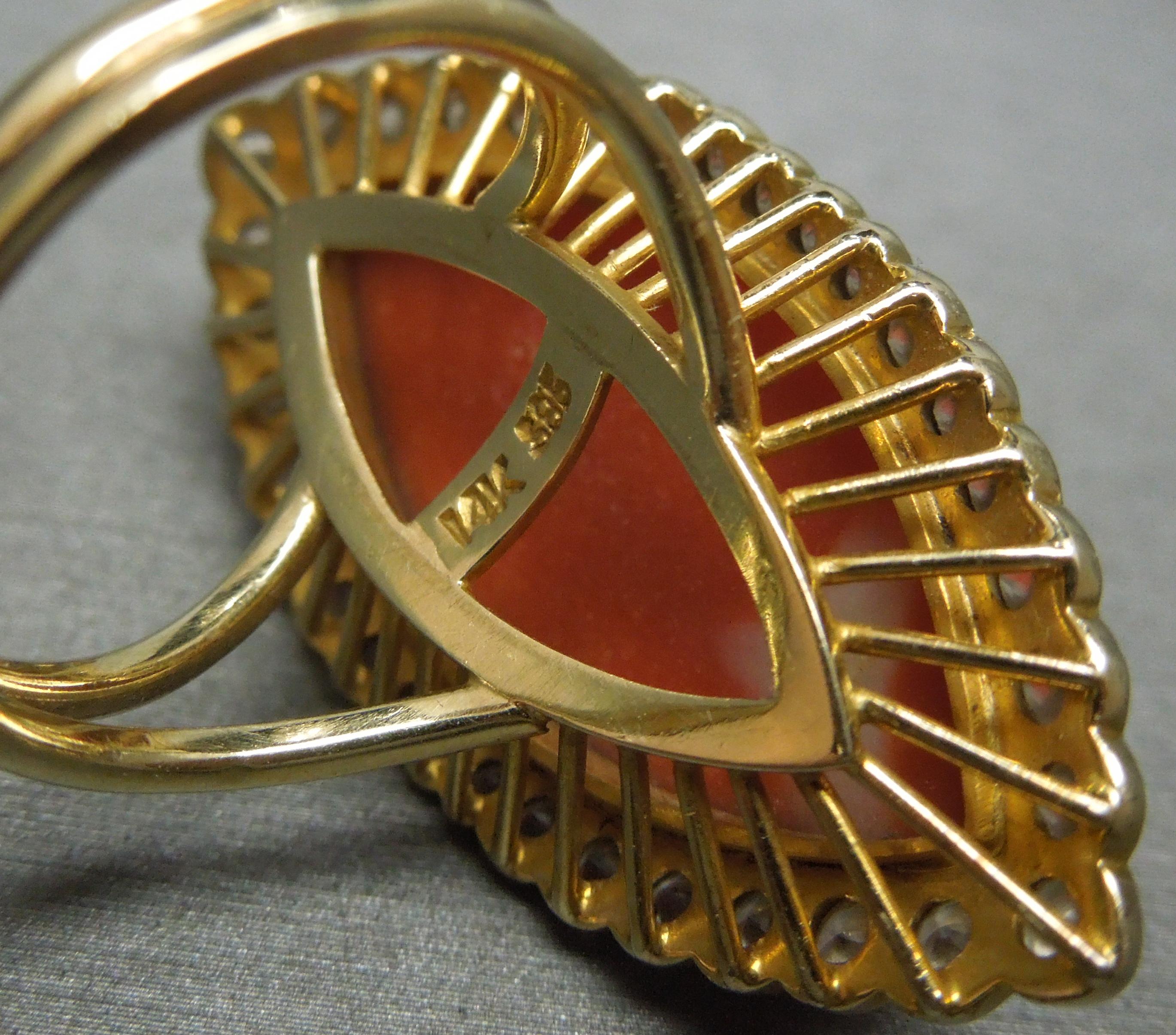 14 Karat Gold Coral & Diamond Navette Ring  In Excellent Condition For Sale In METAIRIE, LA