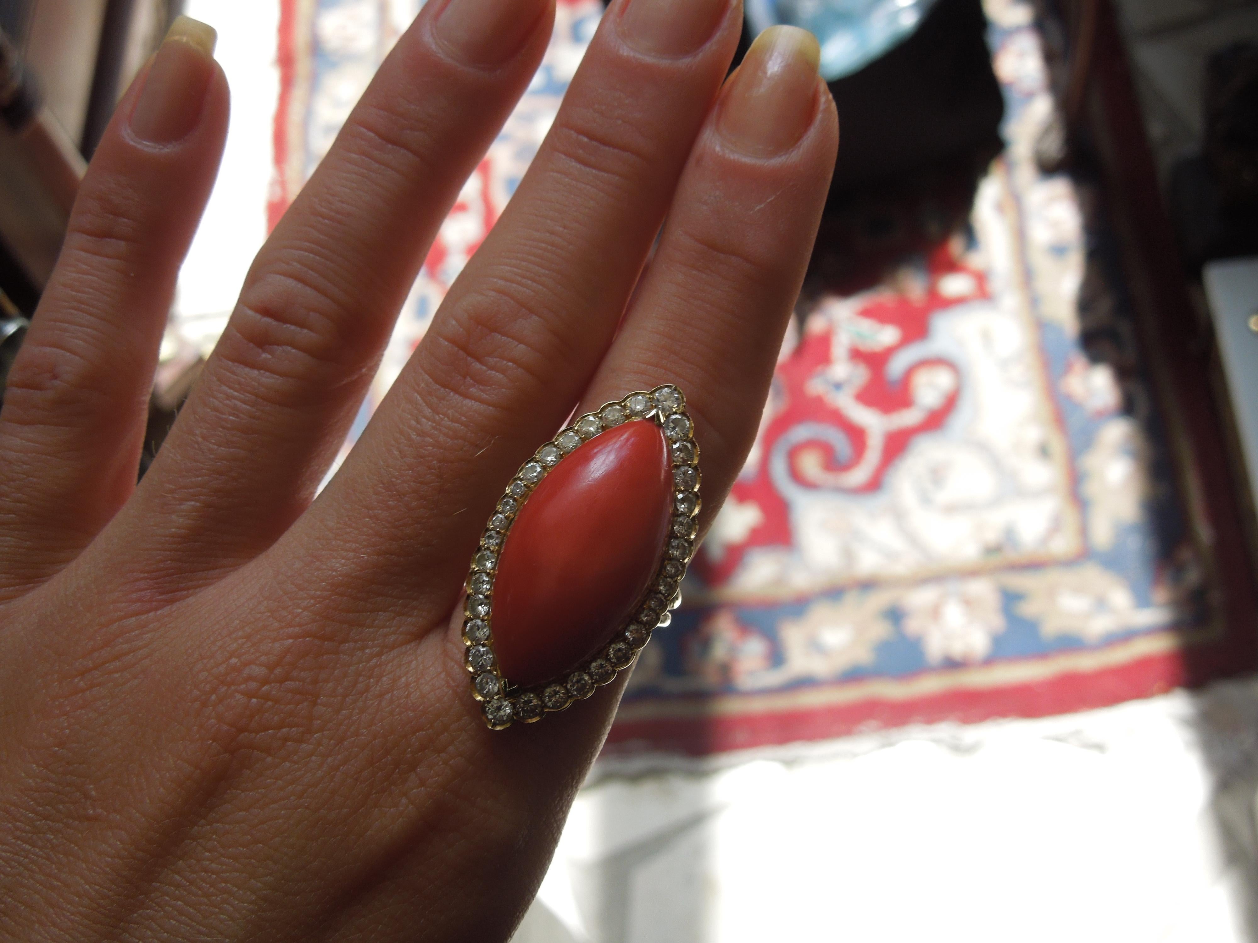 14 Karat Gold Coral & Diamond Navette Ring  For Sale 3