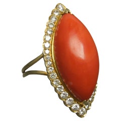 Vintage 14 Karat Gold Coral & Diamond Navette Ring 