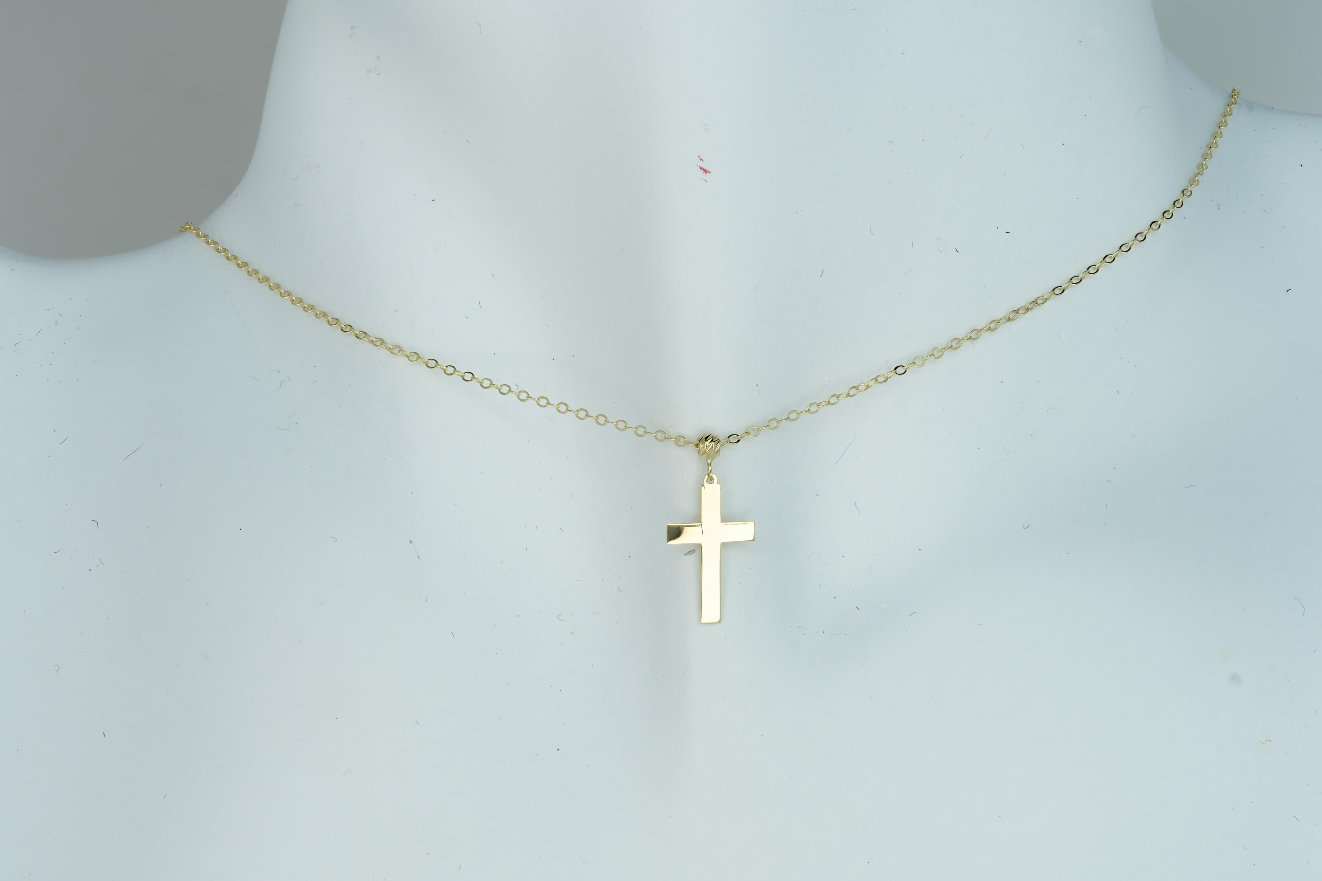 14 Karat Gold Cross Pendant Necklace, Tiny Cross Necklace For Sale 4