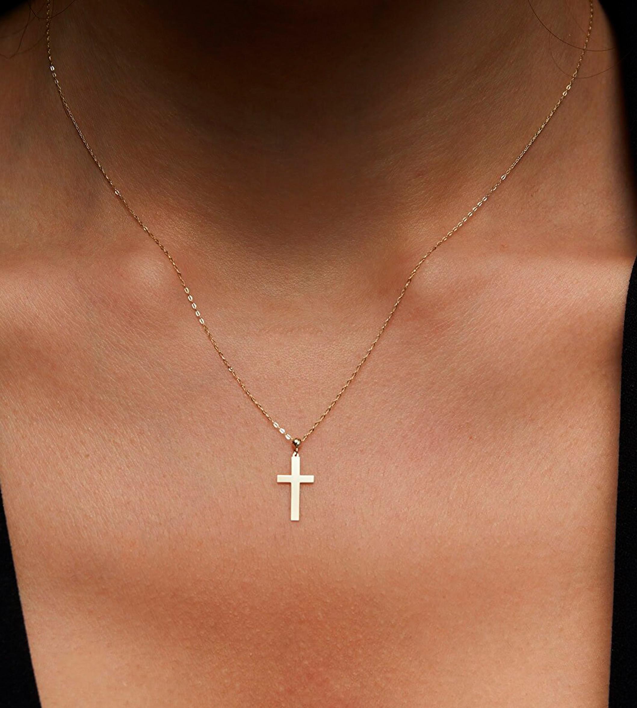 Modern 14 Karat Gold Cross Pendant Necklace, Tiny Cross Necklace For Sale