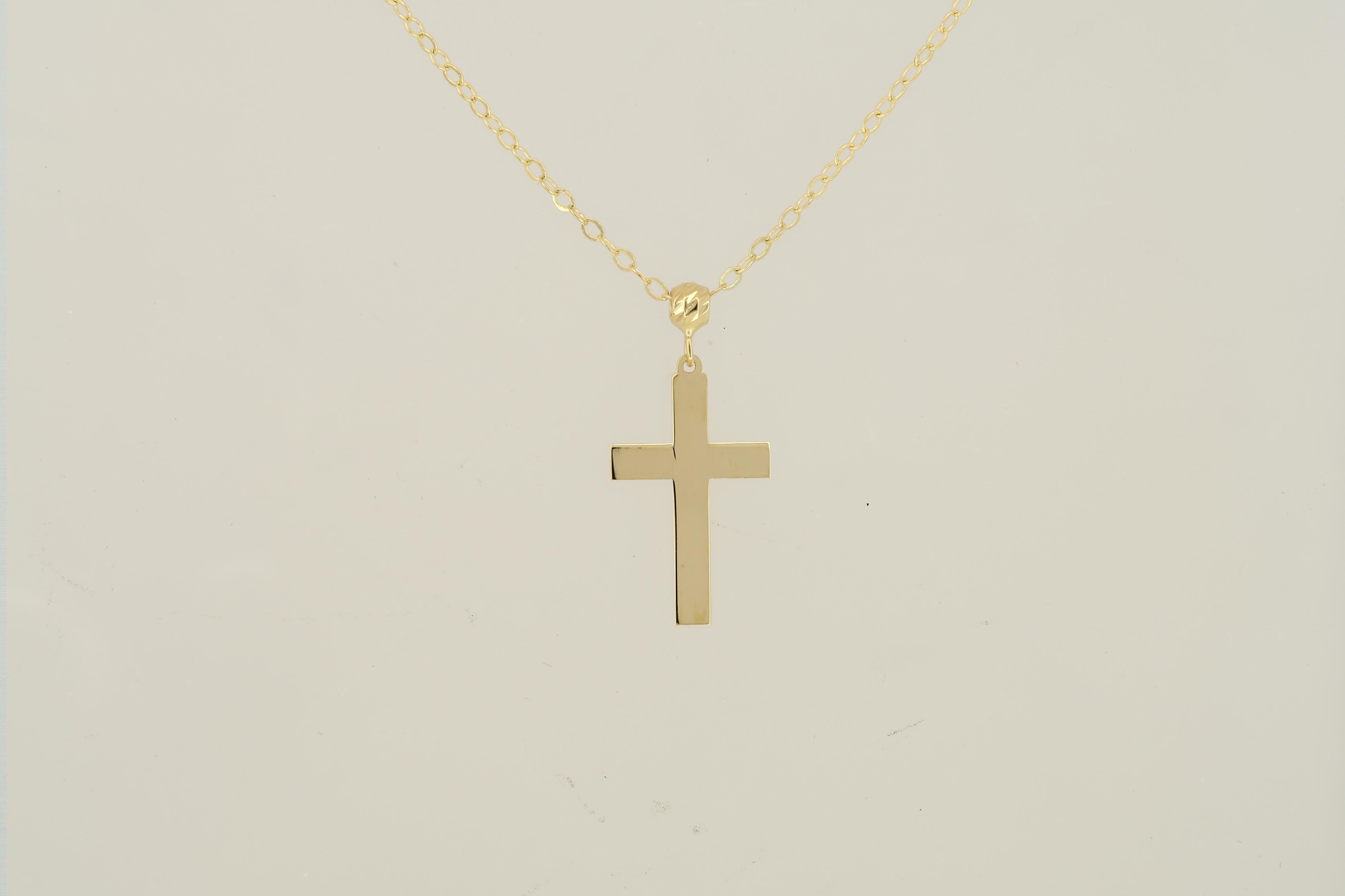 14 Karat Gold Cross Pendant Necklace, Tiny Cross Necklace For Sale 1