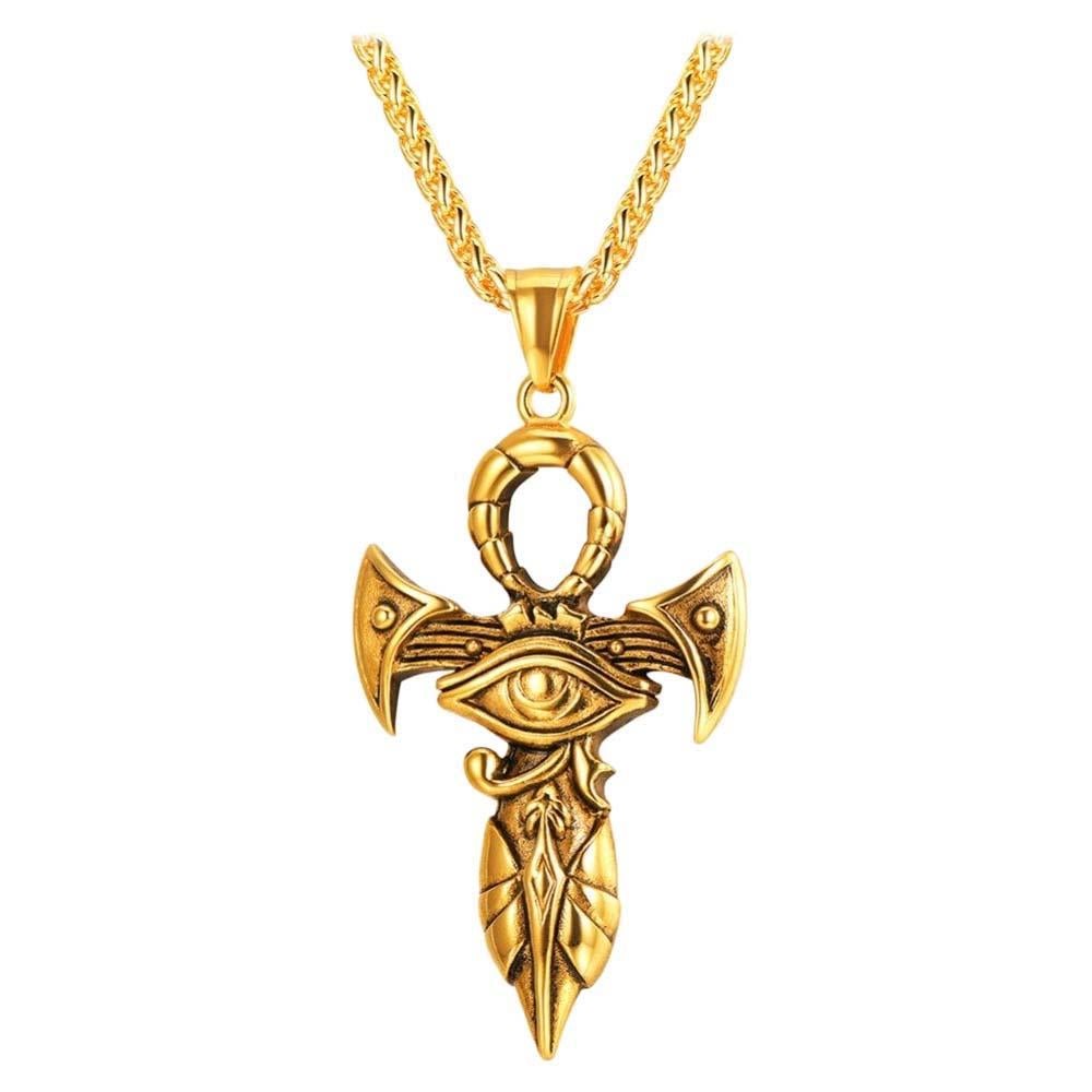 14 Karat Gold Cross The eye of Horus Ankh Necklace Ancient Egyptian Religion For Sale