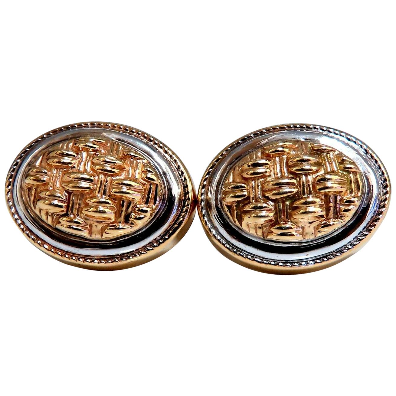 14 Karat Gold Cross Thread Deco Oval Frame Earrings Omega Clip For Sale