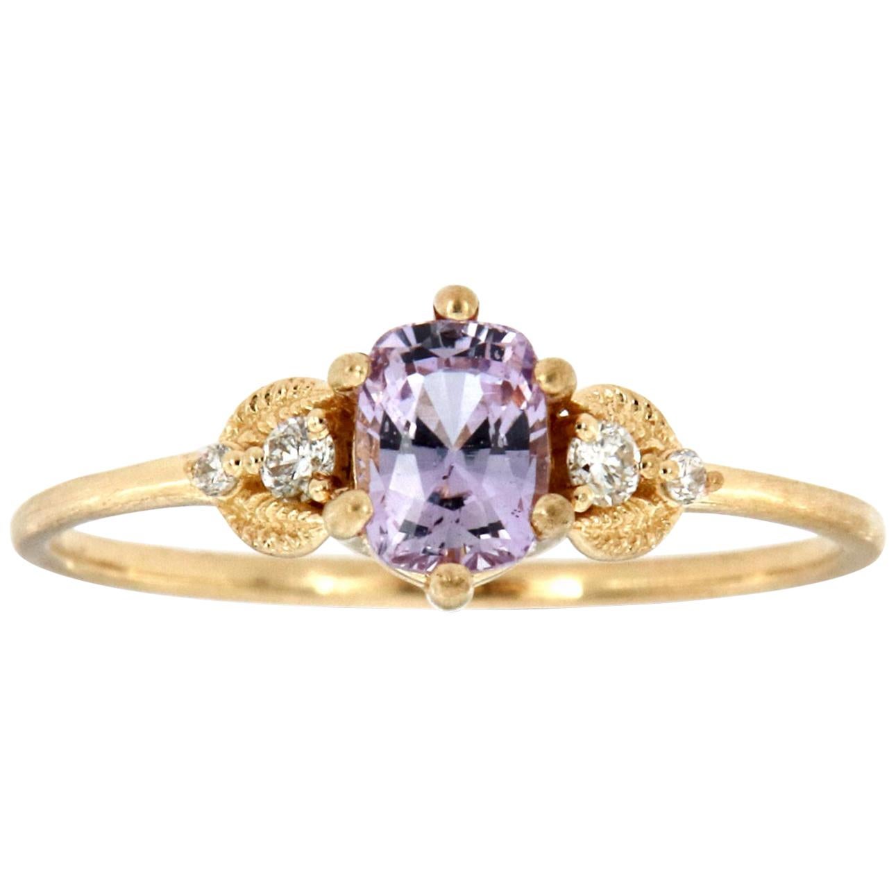 14 Karat Gold Cushion Lavender Vintage Rustic Diamond Ring Center-2/3 Carat For Sale