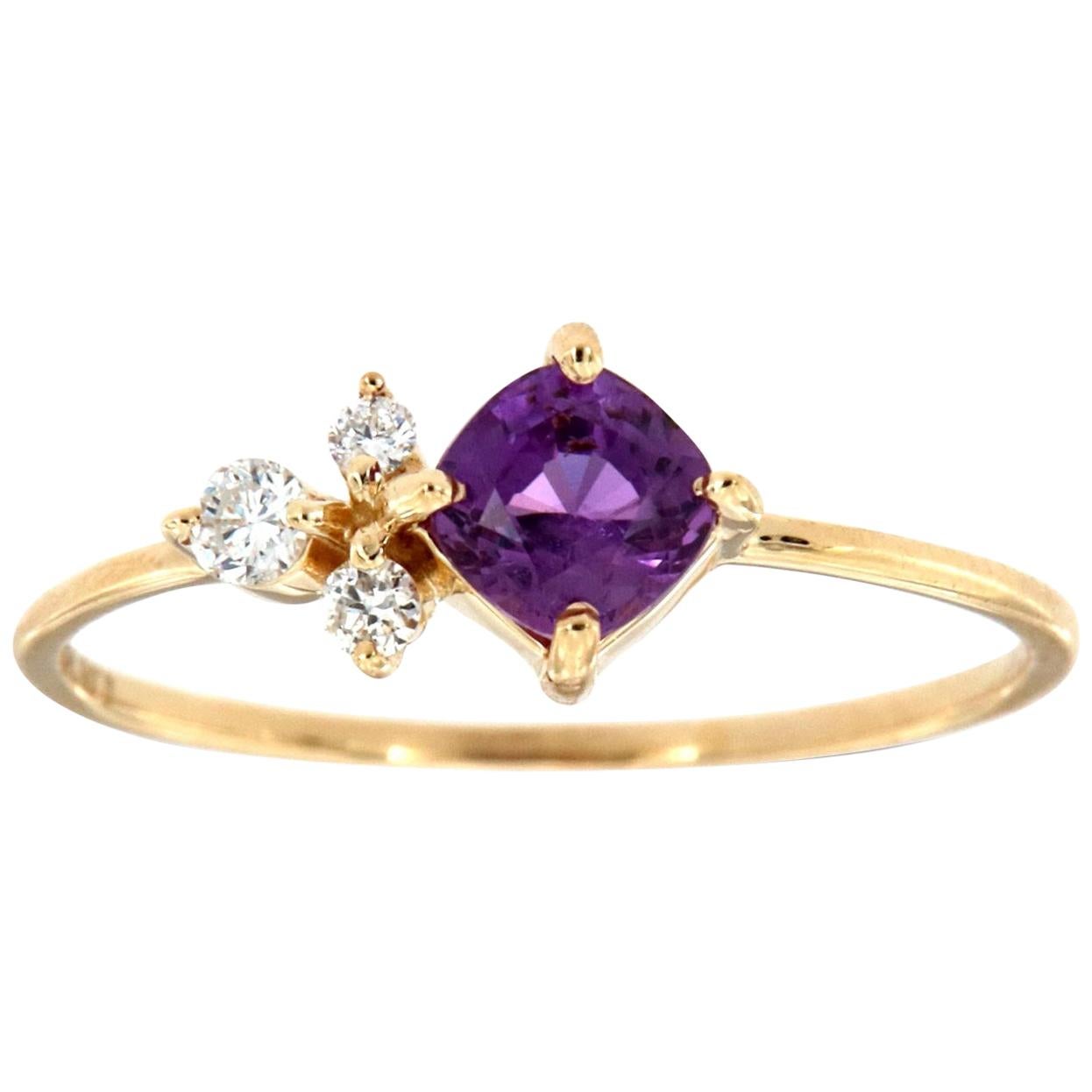 Bague en or 14 carats avec saphir violet coussin et diamant vintage au centre, 2/3 carats