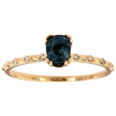 14 Karat Gold Cushion Teal Sapphire Vintage Diamond Ring Center, 3/4 Carat