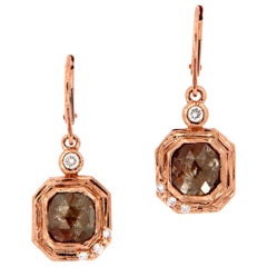 14 Karat Gold Cusjion Salt & Pepper Organic Diamond Dangling Earrings 3.10 Carat