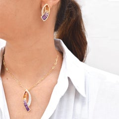 14 Karat Gold Custom Cut Taper Baguette Ametrine Diamond Earring Pendant Set