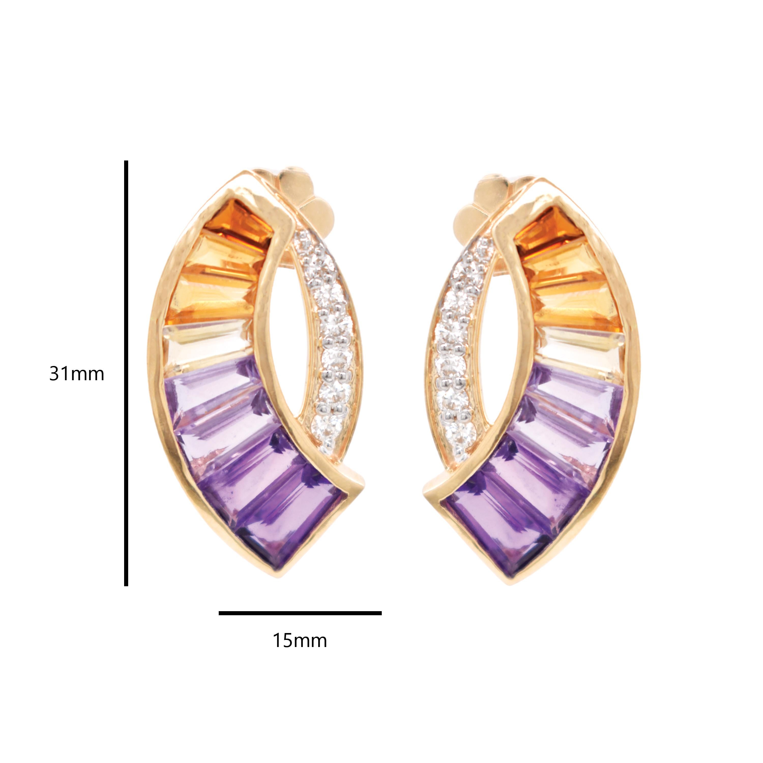 Contemporain Boucles d'oreilles en or 14 carats avec pendentif baguette en diamant Amétrine en vente