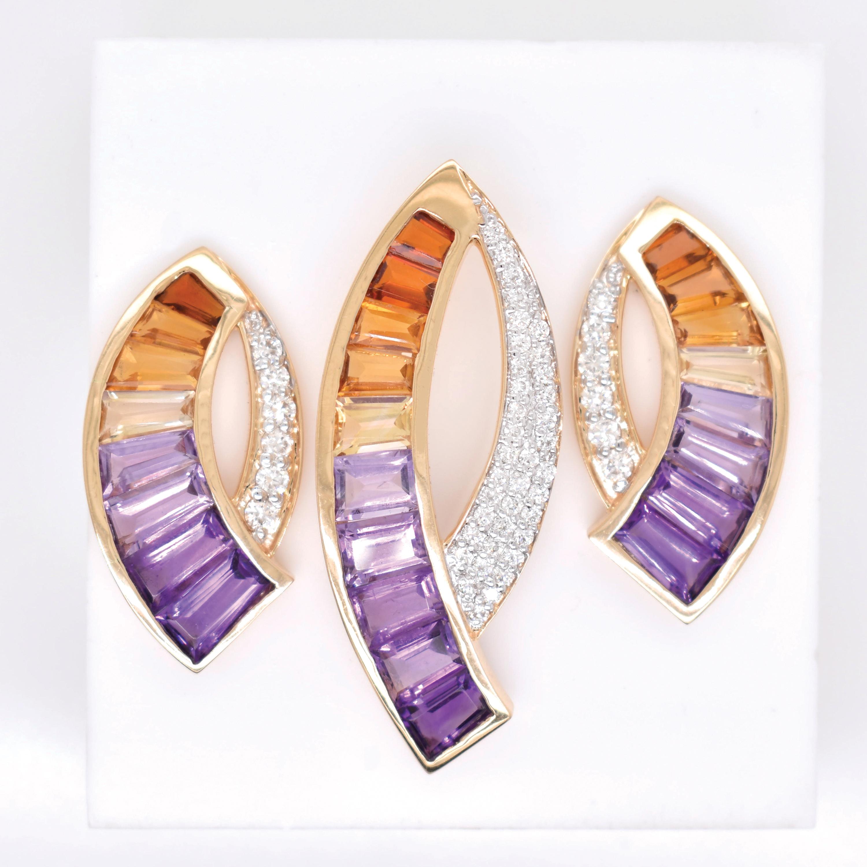 Boucles d'oreilles en or 14 carats avec pendentif baguette en diamant Amétrine Neuf - En vente à Jaipur, Rajasthan