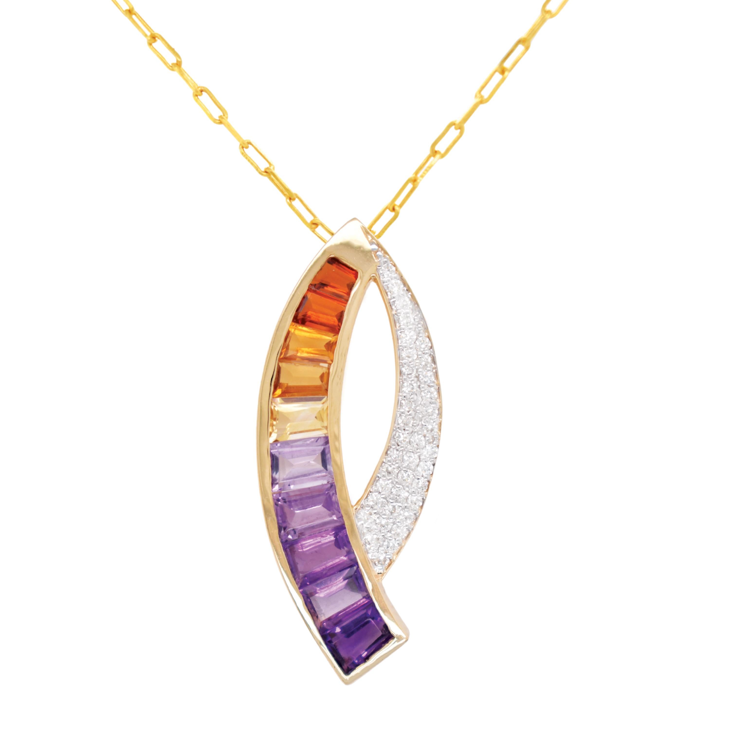 Boucles d'oreilles en or 14 carats avec pendentif baguette en diamant Amétrine en vente 1