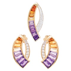 14 Karat Gold Custom Cut Taper Baguette Ametrine Diamond Earring Pendant Set