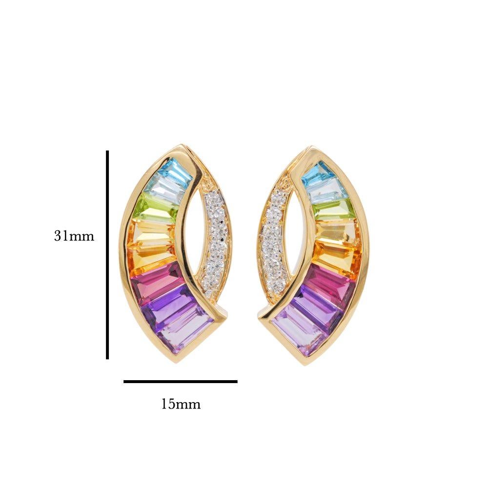 14 Karat Gold Custom Cut Taper Baguette Rainbow Diamonds Ohrring Anhänger Brosche (Baguette-Treppenschliff) im Angebot