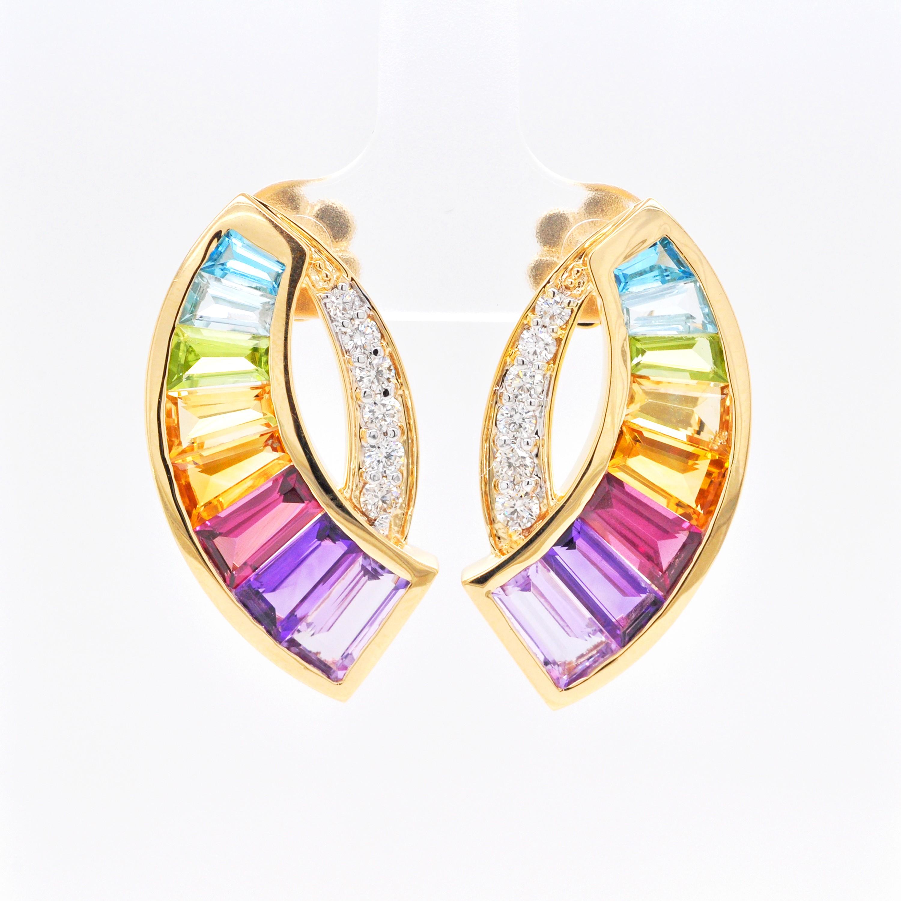 14 Karat Gold Custom Cut Taper Baguette Rainbow Diamonds Ohrring Anhänger Brosche im Zustand „Neu“ im Angebot in Jaipur, Rajasthan