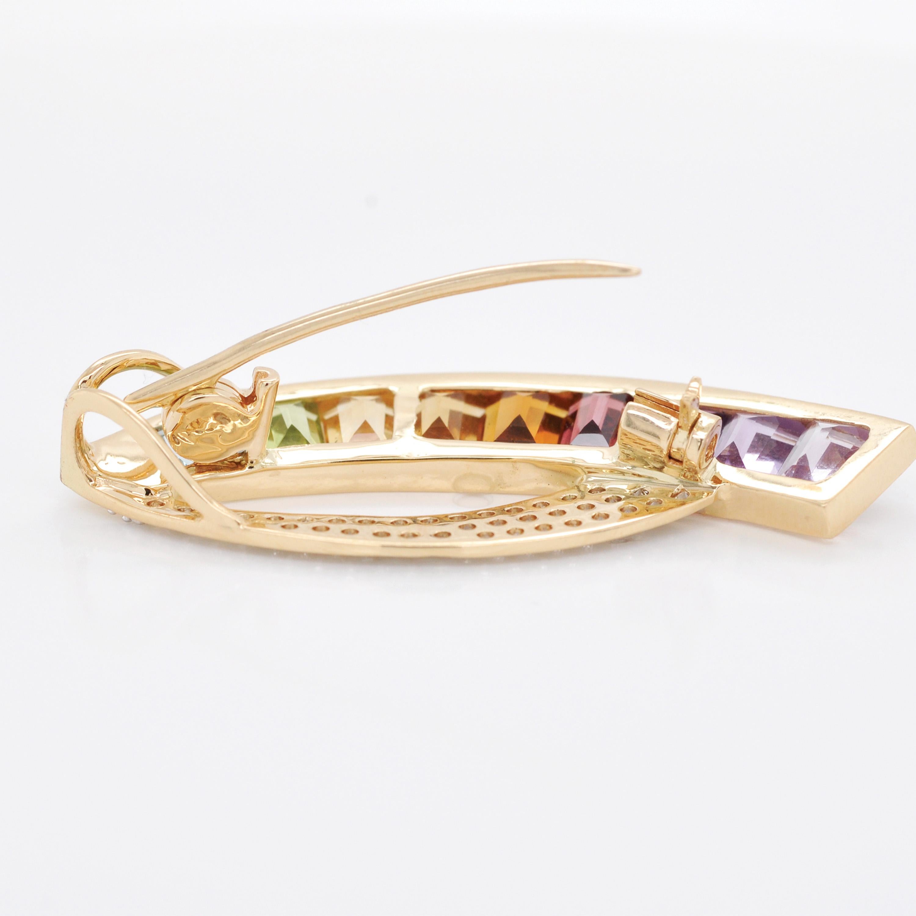 14 Karat Gold Custom Cut Taper Baguette Rainbow Diamonds Ohrring Anhänger Brosche für Damen oder Herren im Angebot