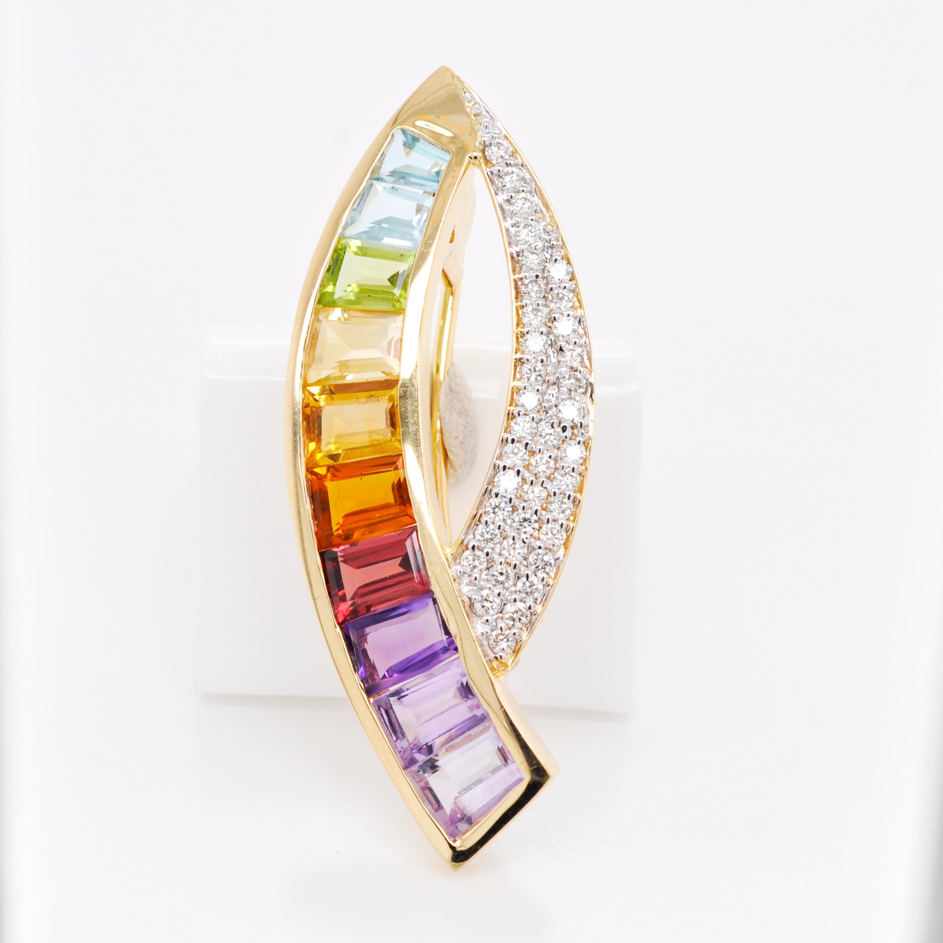 14 Karat Gold Custom Cut Taper Baguette Rainbow Diamonds Ohrring Anhänger Brosche im Angebot 1