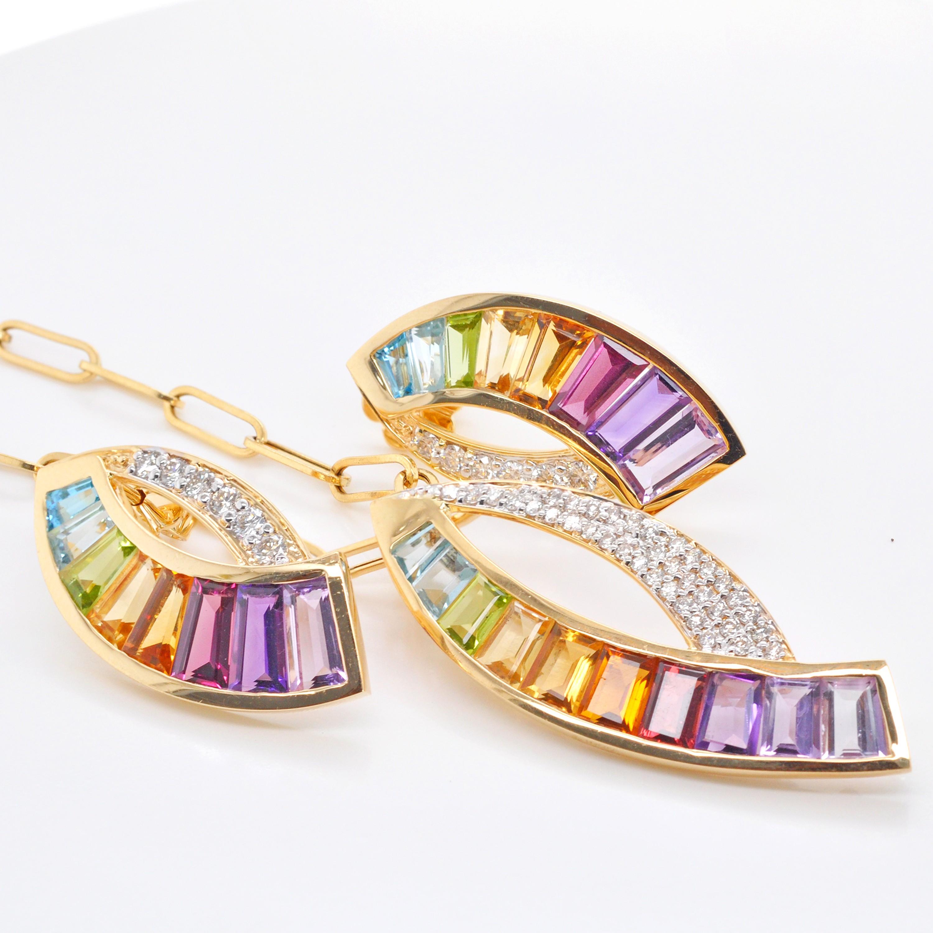 14 Karat Gold Custom Cut Taper Baguette Rainbow Diamonds Ohrring Anhänger Brosche im Angebot 2