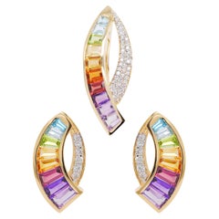 14 Karat Gold Custom Cut Taper Baguette Rainbow Diamond Earring Pendant Brooch