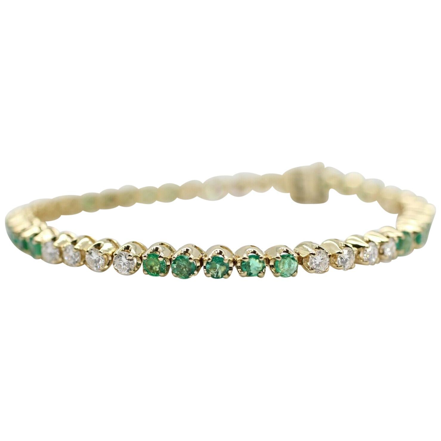 14 Karat Gold Custom Made Bracelet with Very Clean Emeralds and Round Diamonds