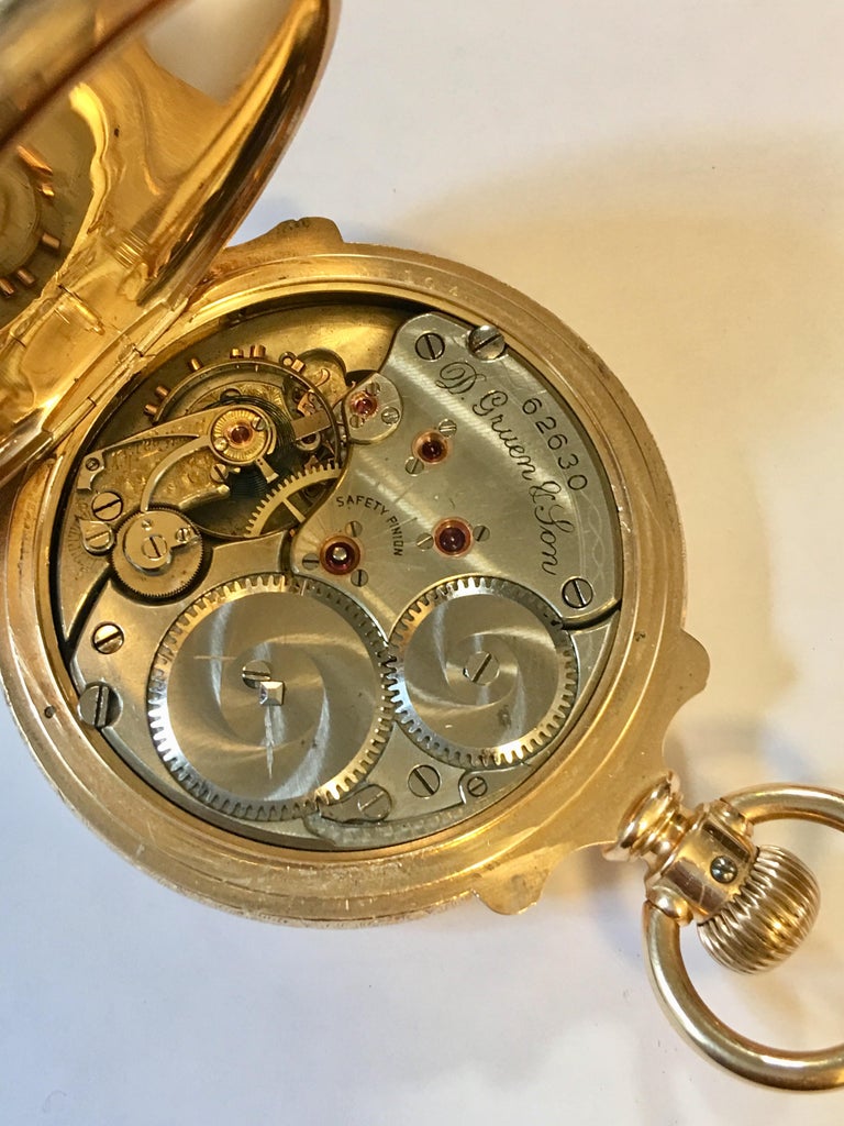 Antique 14 Karat Gold D.Gruen and Son 53mm Pocket Watch at 1stDibs