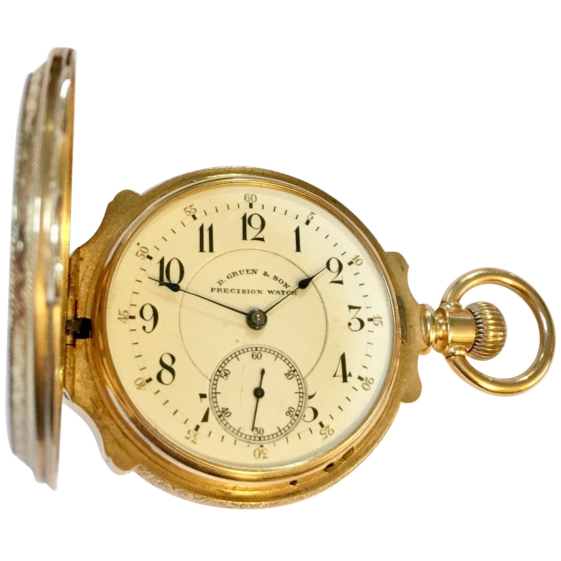 19th Century 14-Karat Gold D.Gruen & Son Swiss Pocket Watch For Sale