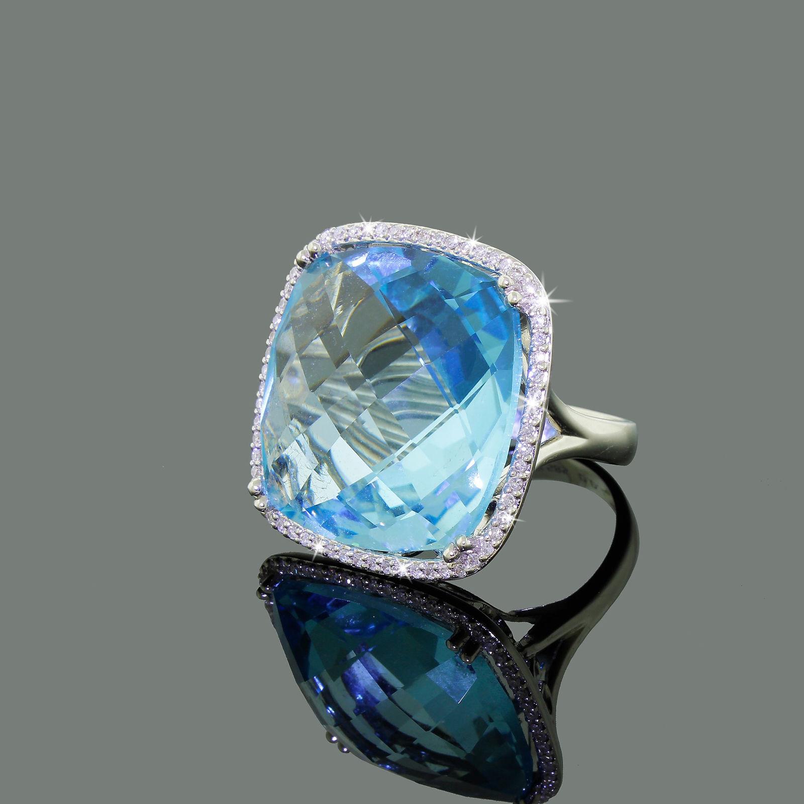 Women's 14 Karat Gold Diamond 30 Carat Blue Topaz Halo Checkerboard Cut Cocktail Ring