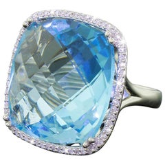 14 Karat Gold Diamond 30 Carat Blue Topaz Halo Checkerboard Cut Cocktail Ring