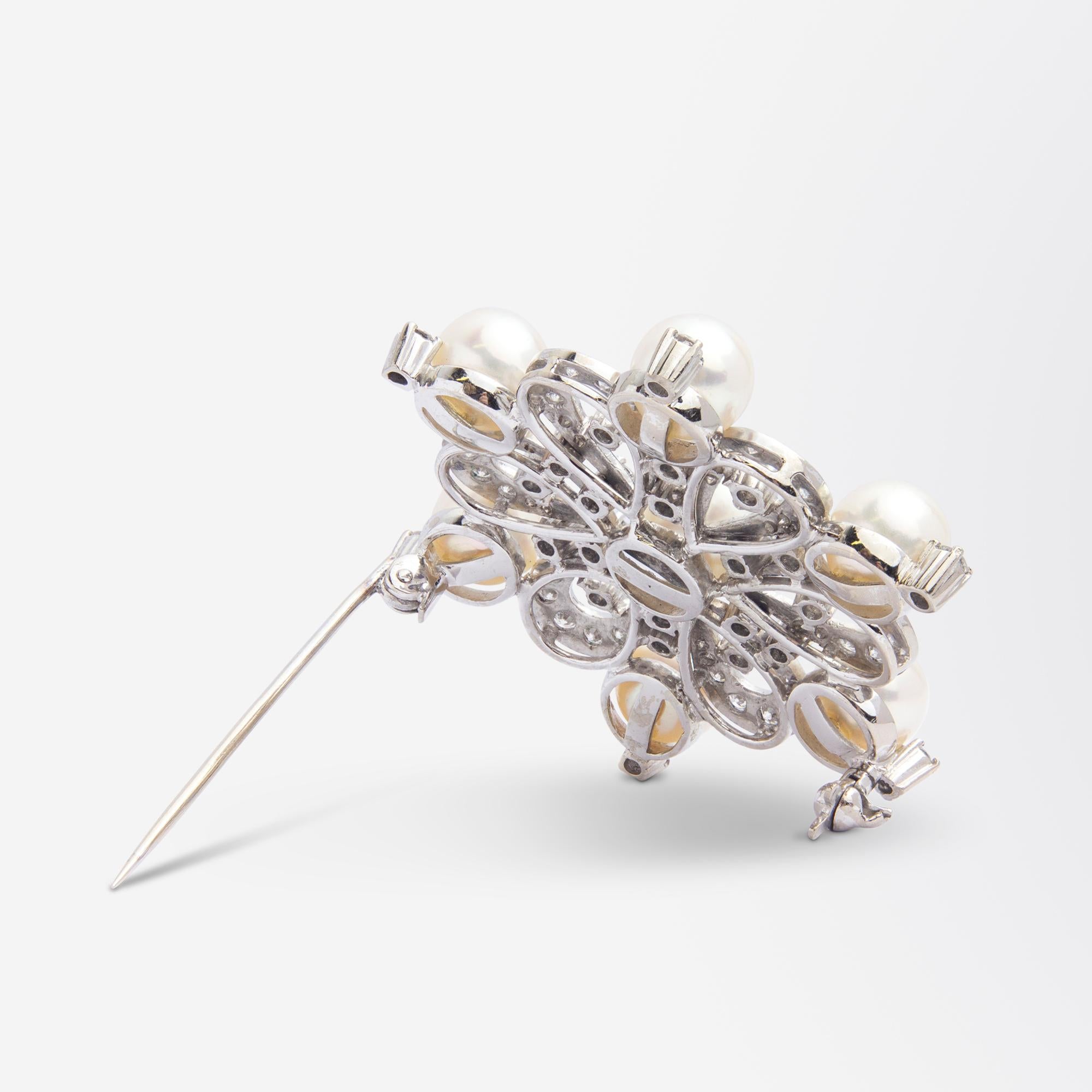 Brilliant Cut 14 Karat Gold Diamond & Akoya Pearl Floral Brooch For Sale