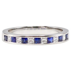 14 Karat Gold Diamond and Blue Sapphire Channel Set Diamond Wedding Band Ring