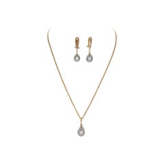 14 Karat Gold Diamond and Pearl Jewelry Set, Drop Earrings and Pendant Necklace