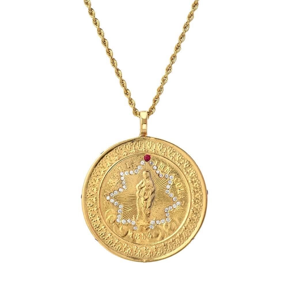 14 Karat Gold, Diamond, and Ruby Immaculate Mary Medallion Cast from Antique For Sale
