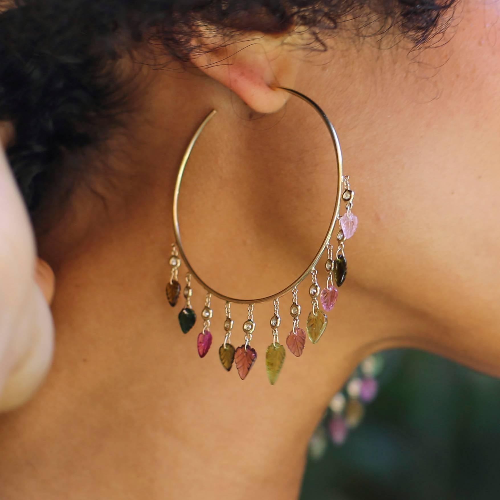 14k Gold Diamond and Tourmaline Leaf Shaker Hoops. Available in Rose, White or Yellow Gold. 2.5