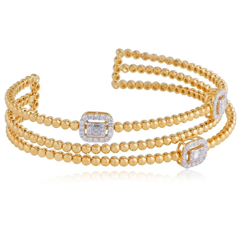 Mixed Cut 14 Karat Gold Diamond Beaded Station Bracelet Cuff For Sale