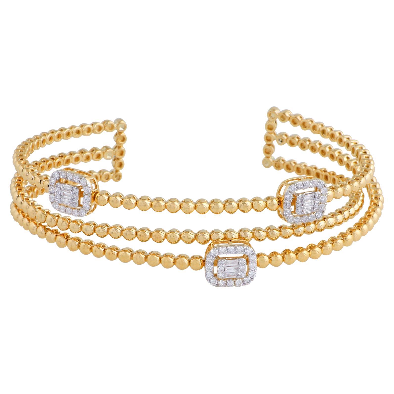 14 Karat Gold Diamond Beaded Station Bracelet Cuff