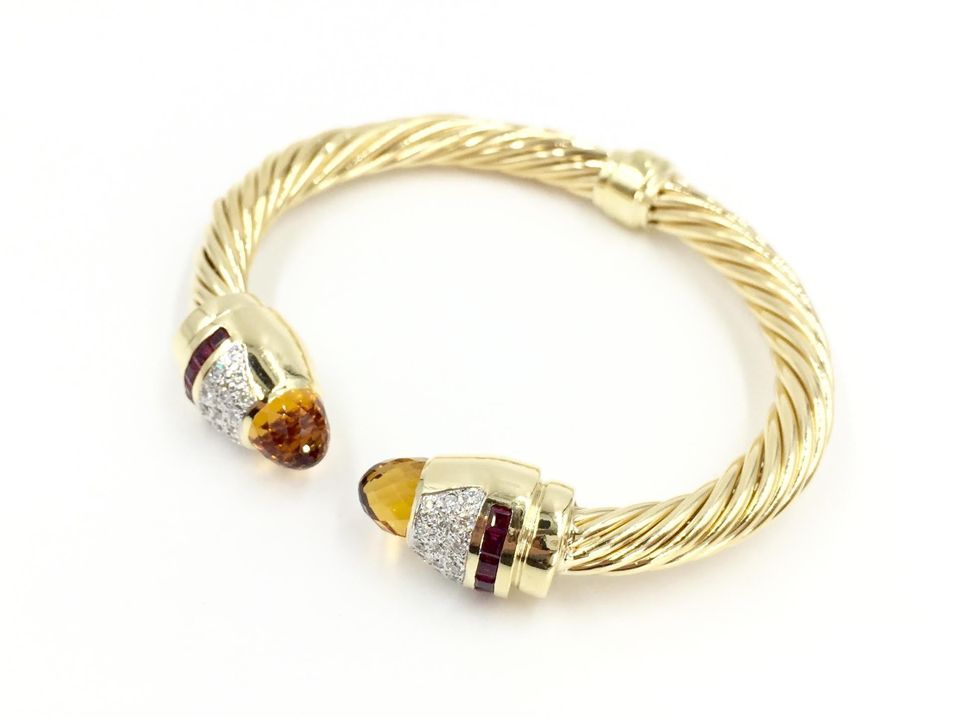 Contemporary 14 Karat Gold Diamond, Citrine and Rubellite Cable Cuff Bracelet For Sale