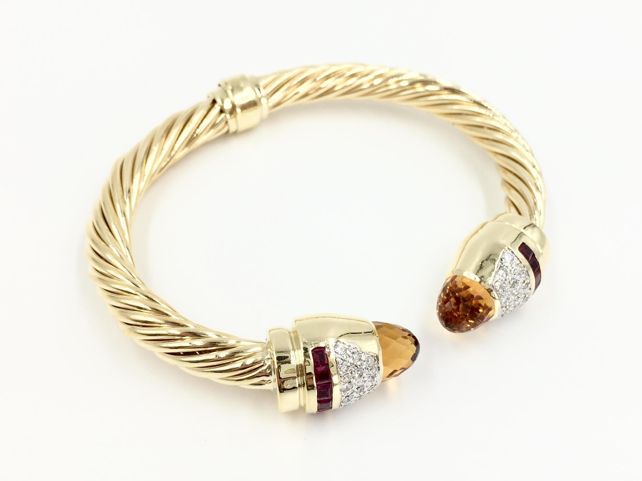14 Karat Gold Diamond, Citrine and Rubellite Cable Cuff Bracelet In Excellent Condition For Sale In Pikesville, MD