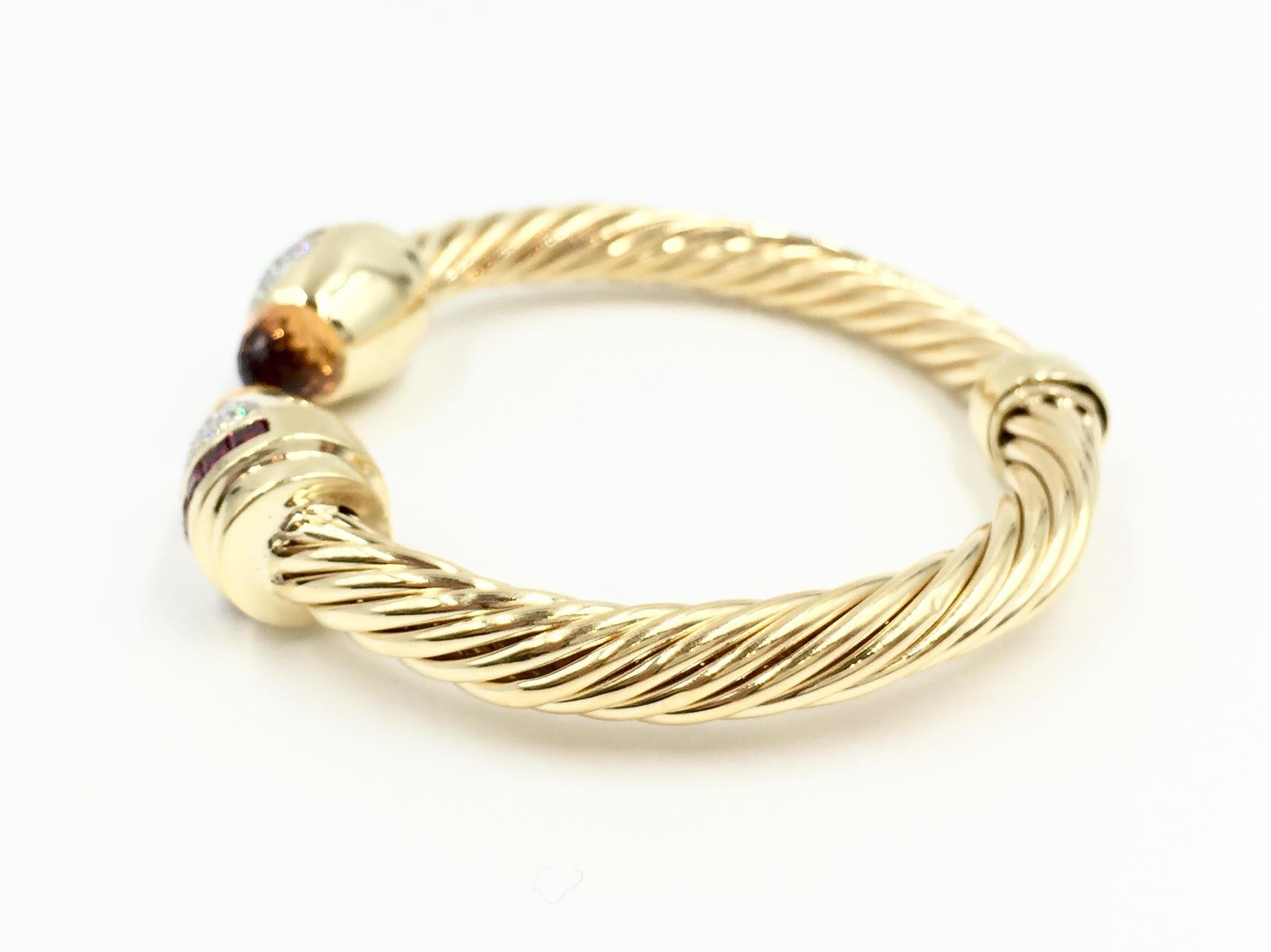 Women's 14 Karat Gold Diamond, Citrine and Rubellite Cable Cuff Bracelet For Sale