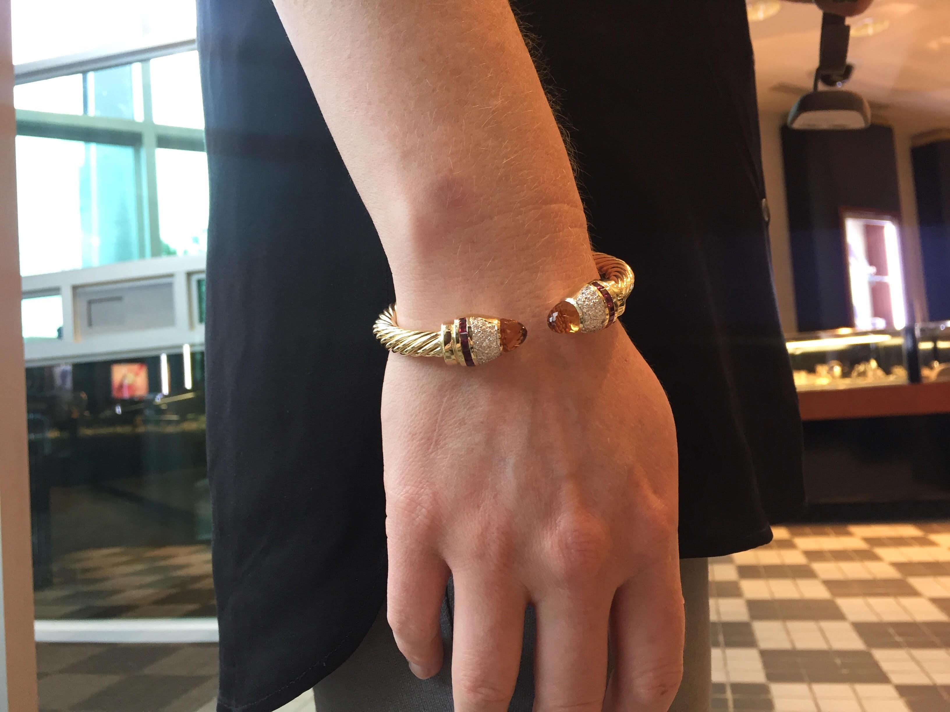 14 Karat Gold Diamond, Citrine and Rubellite Cable Cuff Bracelet For Sale 4