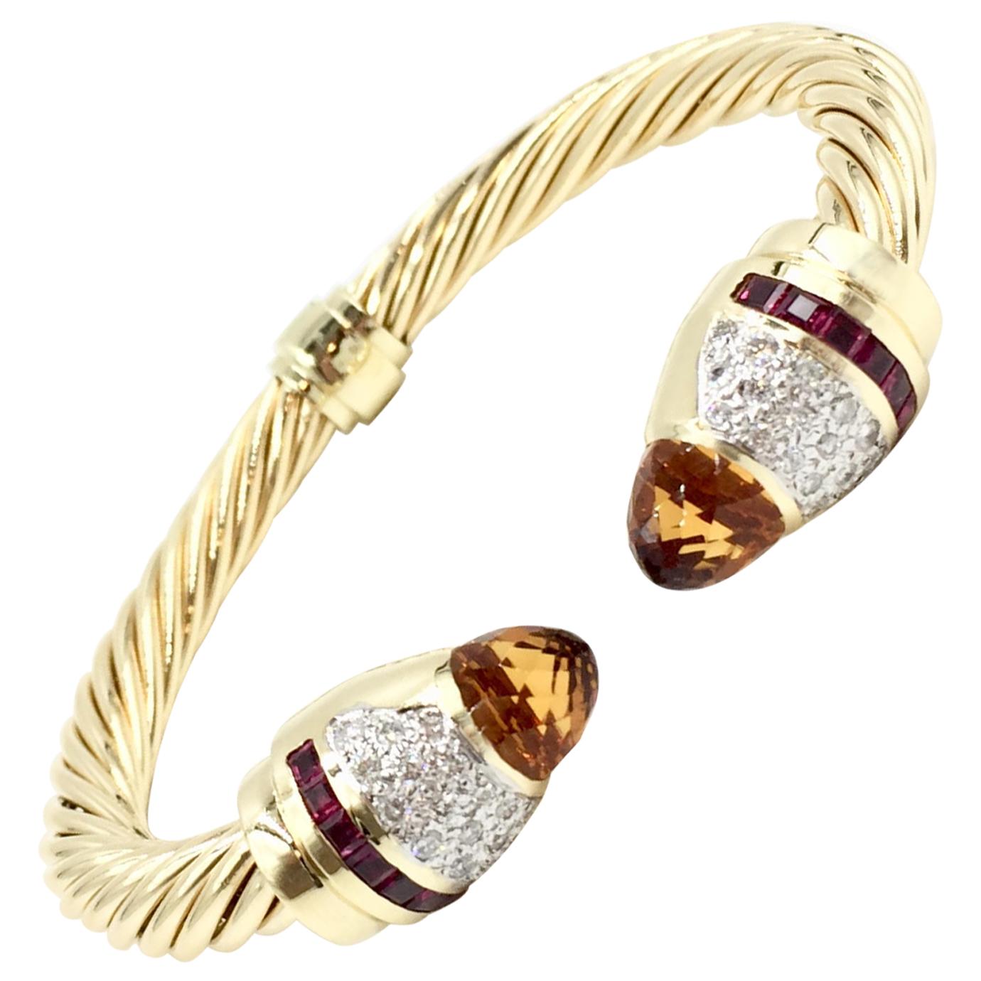 14 Karat Gold Diamond, Citrine and Rubellite Cable Cuff Bracelet For Sale